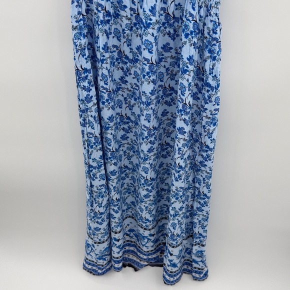 Seven Islands Blue Floral Boho Maxi Dress XL Short Sleeve Smocked Waist Rayon - Picture 4 of 12